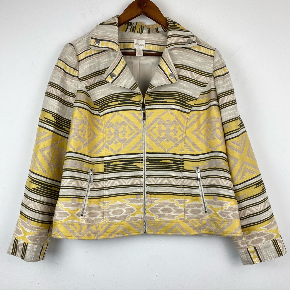 Chico’s size 1/Medium Women’s Yellow Gray Aztec Jacquard Moto Jacket